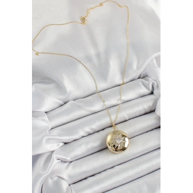 316L Çelik Zincir Açılabilir Madalyon Model Zirkon Taşlı Gold Renk Kadın Kolye