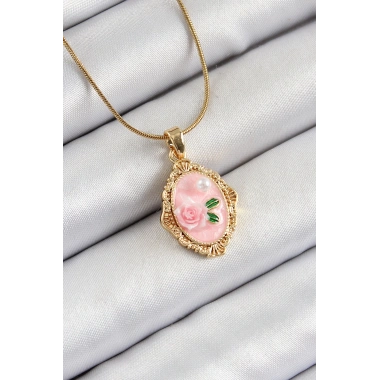 316L Çelik Zincir Pembe Sanatsal Portre İnci Detaylı Gül Figürlü Model Gold Renk Kadın Kolye