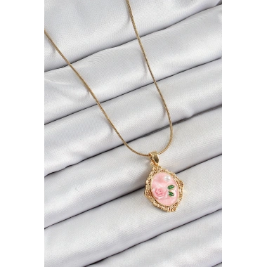 316L Çelik Zincir Pembe Sanatsal Portre İnci Detaylı Gül Figürlü Model Gold Renk Kadın Kolye