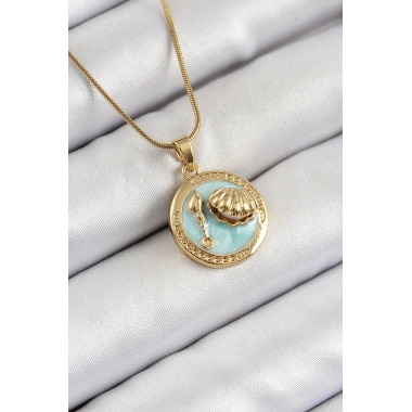 316L Çelik Zincir Turkuaz Mineli Sanatsal Portre İstiridye Model Gold Renk Kadın Kolye
