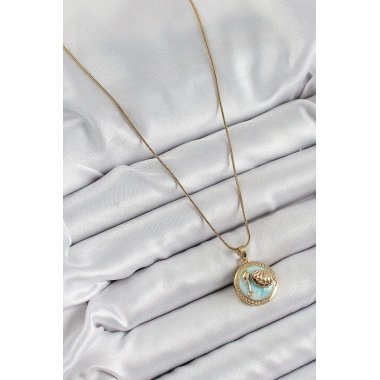 316L Çelik Zincir Turkuaz Mineli Sanatsal Portre İstiridye Model Gold Renk Kadın Kolye