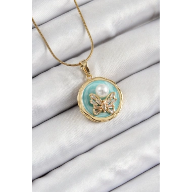 316L Çelik Zincir Zirkon Taşlı Turkuaz Sanatsal Portre İnci Detaylı Kelebek Model Gold Renk Kadın Kolye