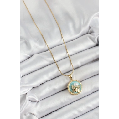 316L Çelik Zincir Zirkon Taşlı Turkuaz Sanatsal Portre İnci Detaylı Kelebek Model Gold Renk Kadın Kolye
