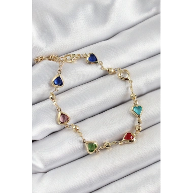 Pirinç Asorti Kalp Model Gold Renk Zirkon Taşlı Kadın Bileklik