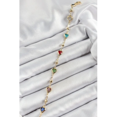 Pirinç Asorti Kalp Model Gold Renk Zirkon Taşlı Kadın Bileklik