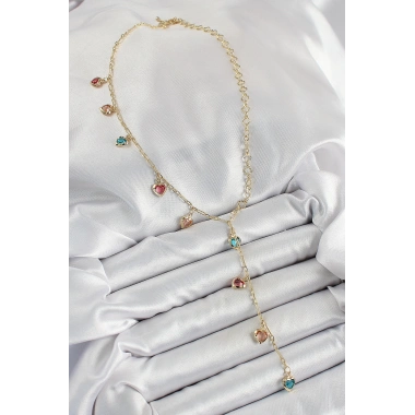 Pirinç Asorti Kalp Model Gold Renk Zirkon Taşlı Y Kolye