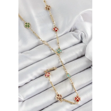 Pirinç Asorti Kalpli Yonca Model Gold Renk Zirkon Taşlı Y Kolye