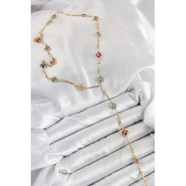 Pirinç Asorti Kalpli Yonca Model Gold Renk Zirkon Taşlı Y Kolye