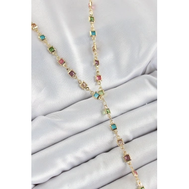 Pirinç Asorti Kare Model Gold Renk Zirkon Taşlı Y Kolye