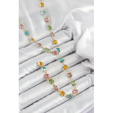 Pirinç Asorti Kare Model Gold Renk Zirkon Taşlı Y Kolye