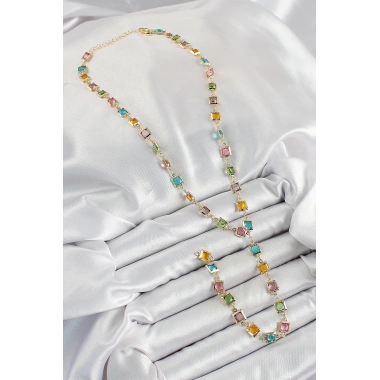 Pirinç Asorti Kare Model Gold Renk Zirkon Taşlı Y Kolye