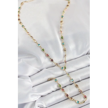 Pirinç Asorti Kare Model Gold Renk Zirkon Taşlı Y Kolye