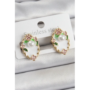 Pirinç Beyaz Mineli İnci Detaylı Sanatsal Portre Model Gold Renk Kadın Küpe