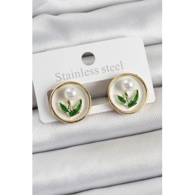 Pirinç Beyaz Mineli Lale Figürlü Sanatsal Portre Model Gold Renk Kadın Küpe