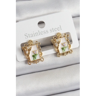 Pirinç Beyaz Mineli Sanatsal Portre Model Gold Renk Kadın Küpe