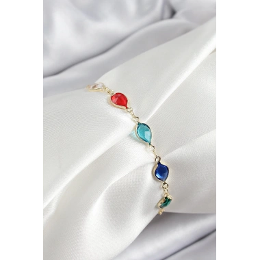 Pirinç Gold Renk Karışık Renk Damla Zirkon Taşlı Kadın Bileklik