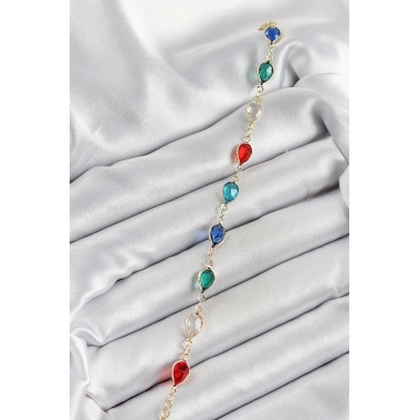 Pirinç Gold Renk Karışık Renk Damla Zirkon Taşlı Kadın Bileklik