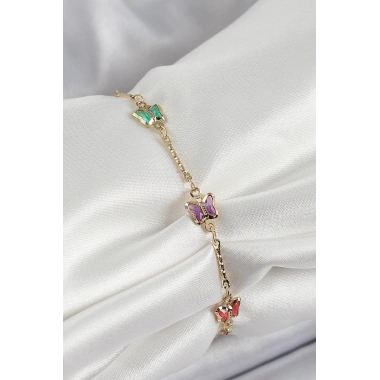 Pirinç Gold Renk Karışık Renk Kelebek Zirkon Taşlı Kadın Bileklik