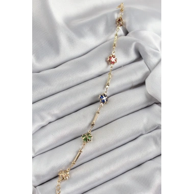 Pirinç Gold Renk Karışık Renk Yonca Zirkon Taşlı Kadın Bileklik