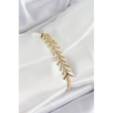 Pirinç Gold Renk Zirkon Taşlı Balık Sırtı Kadın Bileklik