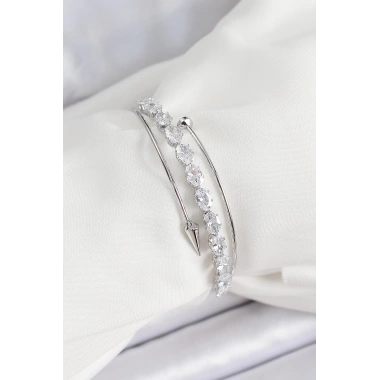 Pirinç Gümüş Renk Arpa Zirkon Taşlı Kadın Bileklik