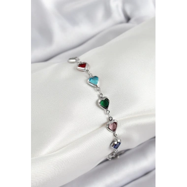 Pirinç Gümüş Renk Karışık Renk Kalp Zirkon Taşlı Kadın Bileklik