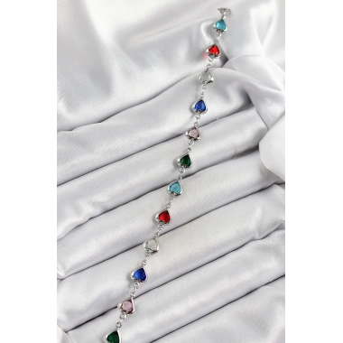 Pirinç Gümüş Renk Karışık Renk Kalp Zirkon Taşlı Kadın Bileklik