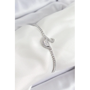 Pirinç Gümüş Renk Zirkon Taşlı Kuğu Model Kadın Bileklik