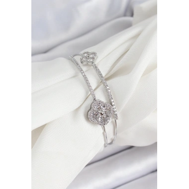 Pirinç Gümüş Renk Zirkon Taşlı Yonca Model 2li Kadın Bileklik