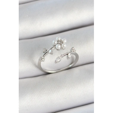 Pirinç İnci Detaylı Papatya Figürlü Zirkon Taşlı Gümüş Renk Ayarlanabilir Kadın Yüzük