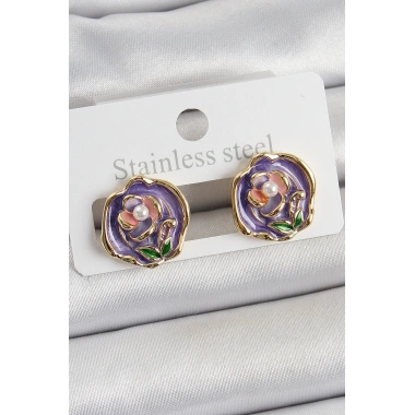 Pirinç Mor Mineli Çiçek Figürlü Sanatsal Portre Model Gold Renk Kadın Küpe