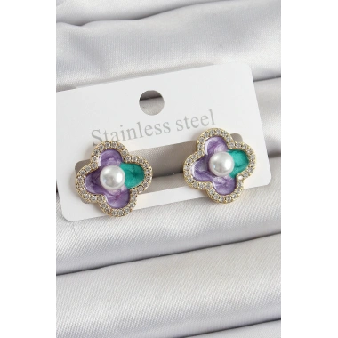 Pirinç Mor Mineli İnci Detaylı Zirkon Taşlı Sanatsal Portre Yonca Model Gold Renk Kadın Küpe