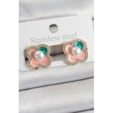 Pirinç Pembe Mineli İnci Detaylı Zirkon Taşlı Sanatsal Portre Yonca Model Gold Renk Kadın Küpe