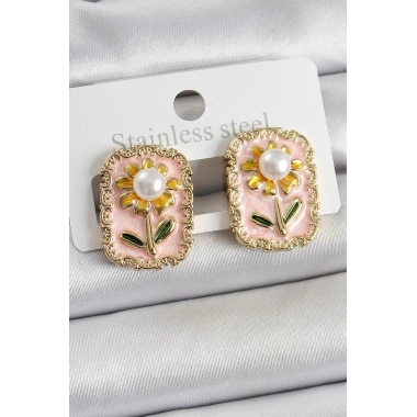 Pirinç Pembe Mineli Papatya Figürlü Sanatsal Portre Model Gold Renk Kadın Küpe