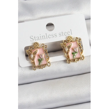 Pirinç Pembe Mineli Sanatsal Portre Model Gold Renk Kadın Küpe