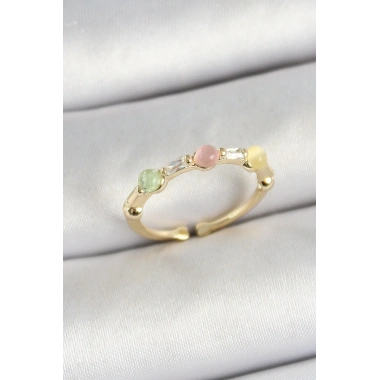 Pirinç Sıralı Boncuk Figürlü Zirkon Taşlı Gold Renk Ayarlanabilir Kadın Yüzük