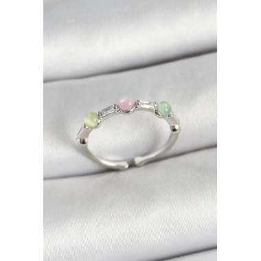 Pirinç Sıralı Boncuk Figürlü Zirkon Taşlı Gümüş Renk Ayarlanabilir Kadın Yüzük