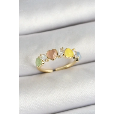 Pirinç Sıralı Kalp Figürlü Zirkon Taşlı Gold Renk Ayarlanabilir Kadın Yüzük