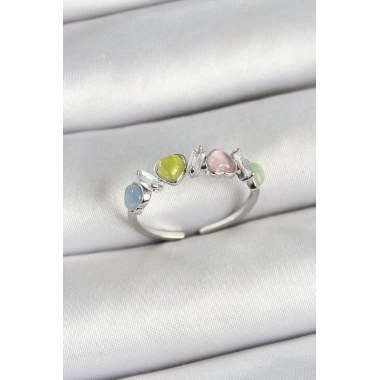 Pirinç Sıralı Kalp Figürlü Zirkon Taşlı Gümüş Renk Ayarlanabilir Kadın Yüzük