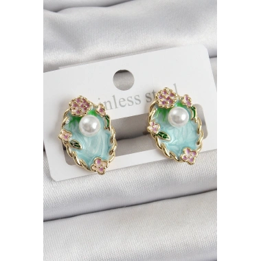 Pirinç Yeşil Mineli İnci Detaylı Sanatsal Portre Model Gold Renk Kadın Küpe