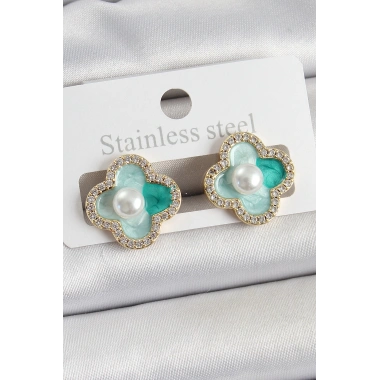 Pirinç Yeşil Mineli İnci Detaylı Zirkon Taşlı Sanatsal Portre Yonca Model Gold Renk Kadın Küpe