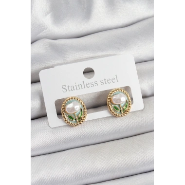 Pirinç Yeşil Mineli Lale Figürlü Sanatsal Portre Model Gold Renk Kadın Küpe