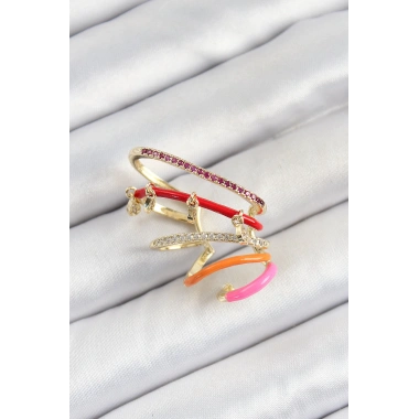 Pirinç Zirkon Taşlı Kırmızı Turuncu Pembe Sıkıştırma Sağ Kıkırdak Gold Renk Kadın Küpe