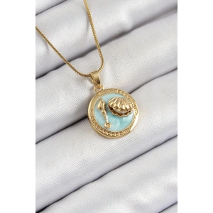 316L Çelik Zincir Turkuaz Mineli Sanatsal Portre İstiridye Model Gold Renk Kadın Kolye