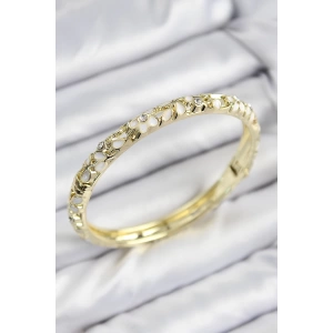Mineli Pirinç Zirkon Taşlı Beyaz Çiçek Motifli Gold Kadın Kelepçe