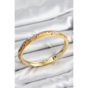 Mineli Pirinç Zirkon Taşlı Hardal Çiçek Motifli Gold Kadın Kelepçe