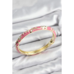 Mineli Pirinç Zirkon Taşlı Pembe Çiçek Motifli Gold Kadın Kelepçe