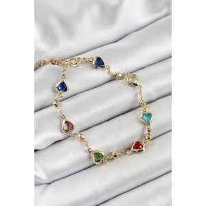 Pirinç Asorti Kalp Model Gold Renk Zirkon Taşlı Kadın Bileklik