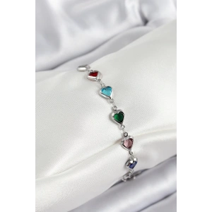 Pirinç Gümüş Renk Karışık Renk Kalp Zirkon Taşlı Kadın Bileklik