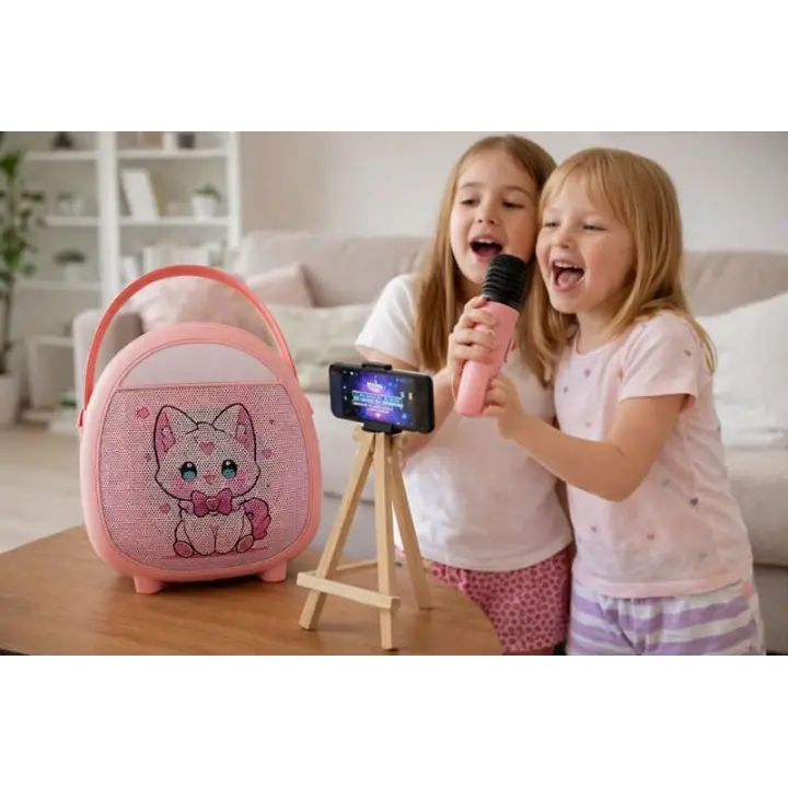 Retro Tasarımlı Bluetooth Karaoke Mikrofon ve Ahşap Tripodlu –Kedi Desenli